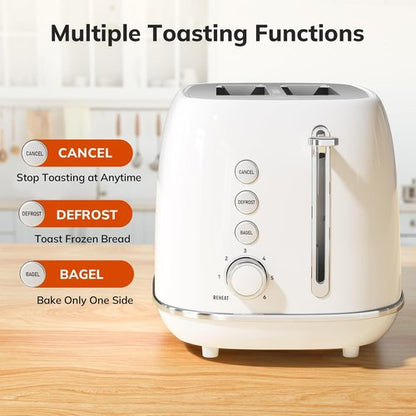 Keenstone Toaster - Retro 2-Slice Stainless Steel Design | 6 Browning Levels & Removable Crumb Tray - White