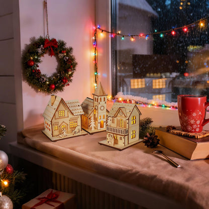 BESPORTBLE Wooden Christmas Village Houses Set - LED Mini Houses for Rustic Holiday Decor | 2025 Tabletop Accent