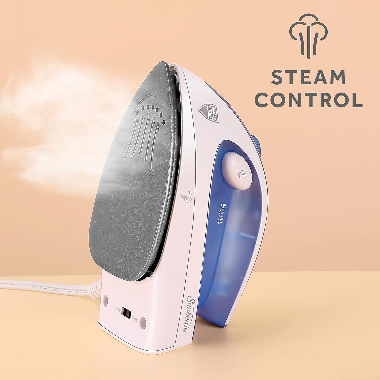 Sunbeam Hot-2-Trot Travel Steam Iron - 800 Watt Dual Voltage, Compact & Portable, Non-Stick Soleplate | White & Blue