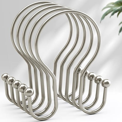 AmazerBath Shower Curtain Hooks Brushed Nickel Shower Curtain Rings, Simple Double Hook Shower Curtain Hooks Rust Proof, Smooth Glide Metal Shower Hooks for Shower Curtain, 12Pcs Shower Rod Hooks