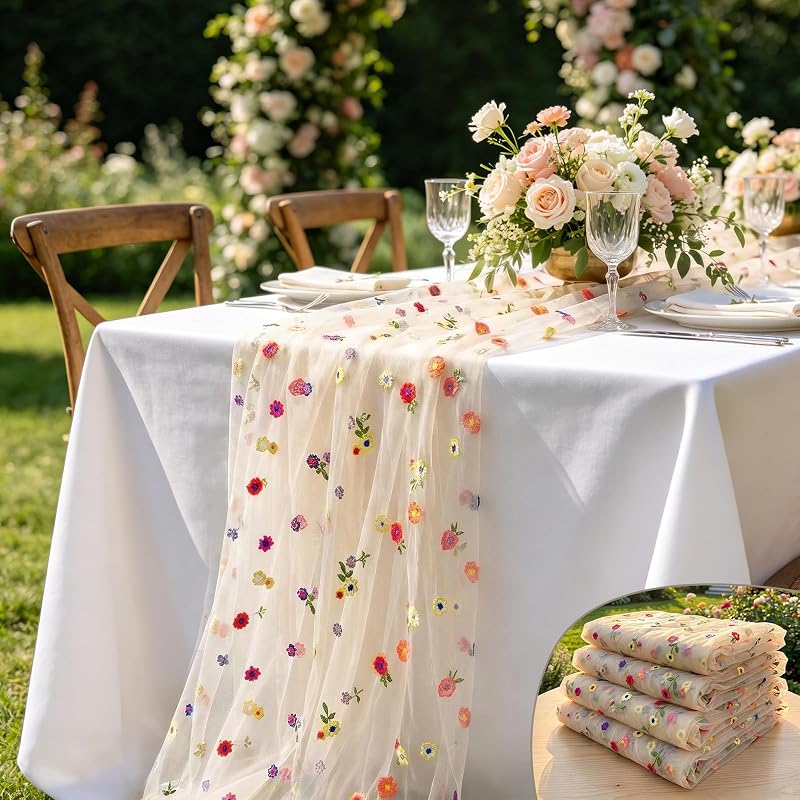 Champagne Floral Embroidered Table Runners 4 Pack 10ft - Boho Daisy Tulle Wedding Décor (Variation: Champagne+Champagne Floral – 4 Pack)