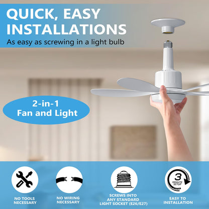 Socket Fan Light, 22" Ceiling Fan with LED Lights and Remote, 3 Fan Speeds, Adjustable Cool & Warm Light, Wireless Screw in Socket Fan Light for Kitchen, Bedroom, Living Room, 1200 Lumen, E26/E27 Base