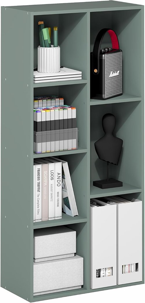 Furinno LUDER Bookshelf - 7-Cube Bookcase with Open Shelves | Easy Assembly, Sage Green, 9.4 x 19.5 x 41.7