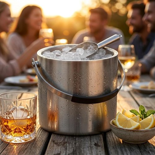 3.2L/3.4QT Insulated Ice Bucket with Silicone Lid, Tongs & Strainer, Double Wall Stainless Steel Ice Bucket for Parties and Cocktail Bar, Upgraded Silicone Cover Keep Ice Frozen Longer