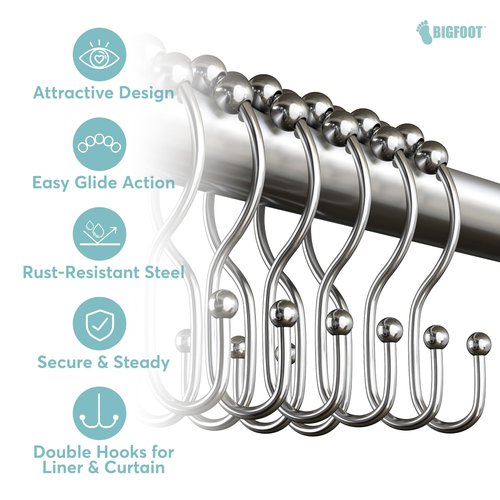 BigFoot Shower Curtain Hooks - 12 Rust-Resistant Stainless Steel Double Hooks, Easy Glide & Secure Hold, Fits Any Shower Curtain Rod, Rings Hold Liners & Curtains, Nickel Color