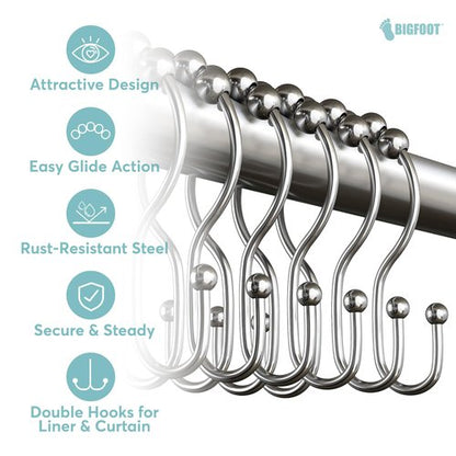 BigFoot Shower Curtain Hooks - 12 Rust-Resistant Stainless Steel Double Hooks, Easy Glide & Secure Hold, Fits Any Shower Curtain Rod, Rings Hold Liners & Curtains, Nickel Color