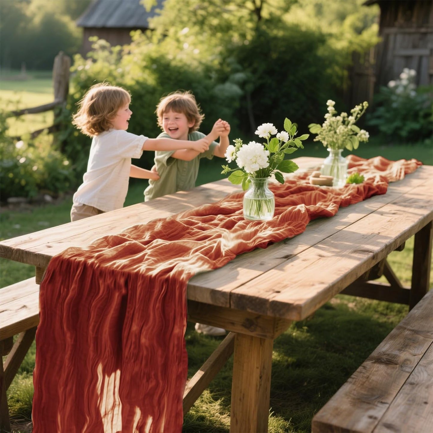 Skiennix Terracotta Cheesecloth Table Runner - 10 FT Long Semi-Sheer 35 x 120 Inch for Weddings & Events