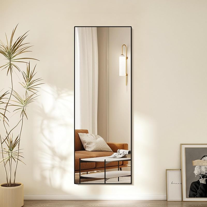 58x20 Full Length Mirror, Wall-Mounted / Freestanding Black Frame - Wide Body Mirror (Variation: Black+58"L x 20"W)