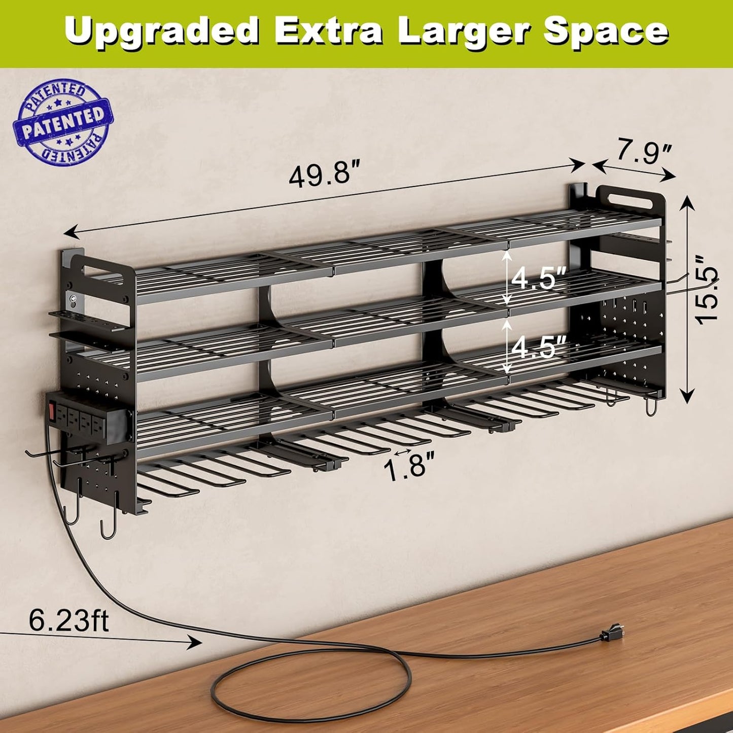 Skiennix Cordless Drill Holder - Heavy-Duty 4-Tier Power Tool Organizer with Pegboard & Power Strip