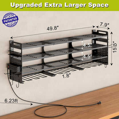 Skiennix Cordless Drill Holder - Heavy-Duty 4-Tier Power Tool Organizer with Pegboard & Power Strip