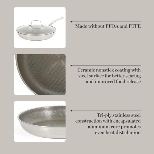 Martha Stewart Nonstick 12-Inch TriPly Stainless Steel Fry Pan with Lid - Stay Cool Handle & Dishwasher Safe