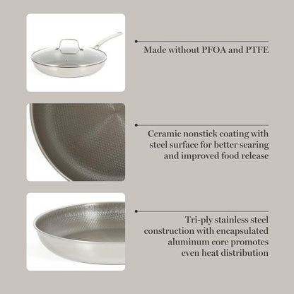 Martha Stewart Nonstick 12-Inch TriPly Stainless Steel Fry Pan with Lid - Stay Cool Handle & Dishwasher Safe