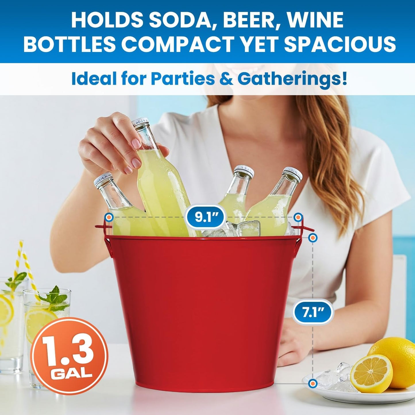 PLEXON Metal Ice Bucket for Parties Coctail Bar Restaurant - Drink Beer Champagne Beverage Pail Bucket with Handle for Valentines Day, Galvanized Steel, 1.3 Gallon, Red, Set of 3