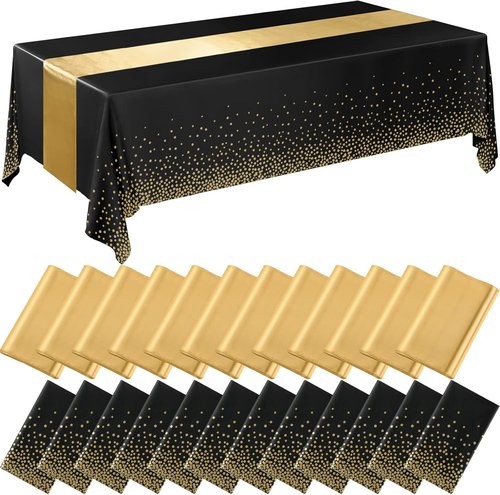 Breling 24-Pack Black and Gold Disposable Tablecloths & Satin Runners - 54" x 108" & 12" x 108" for Events