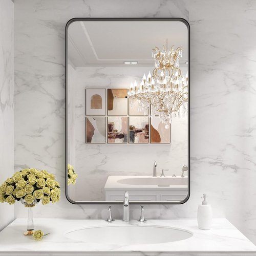 LOAAO Black Metal Framed Bathroom Mirror - 28x36 Inch, Matte Finish, Anti-Rust, Versatile Hanging Options