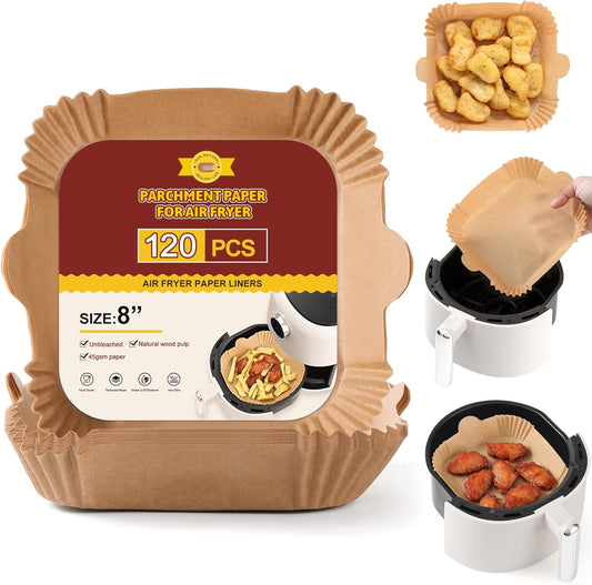 Skiennix Air Fryer Disposable Paper Liners - 120 PCS Non-Stick Parchment for 5-8 QT | 8-Inch Size