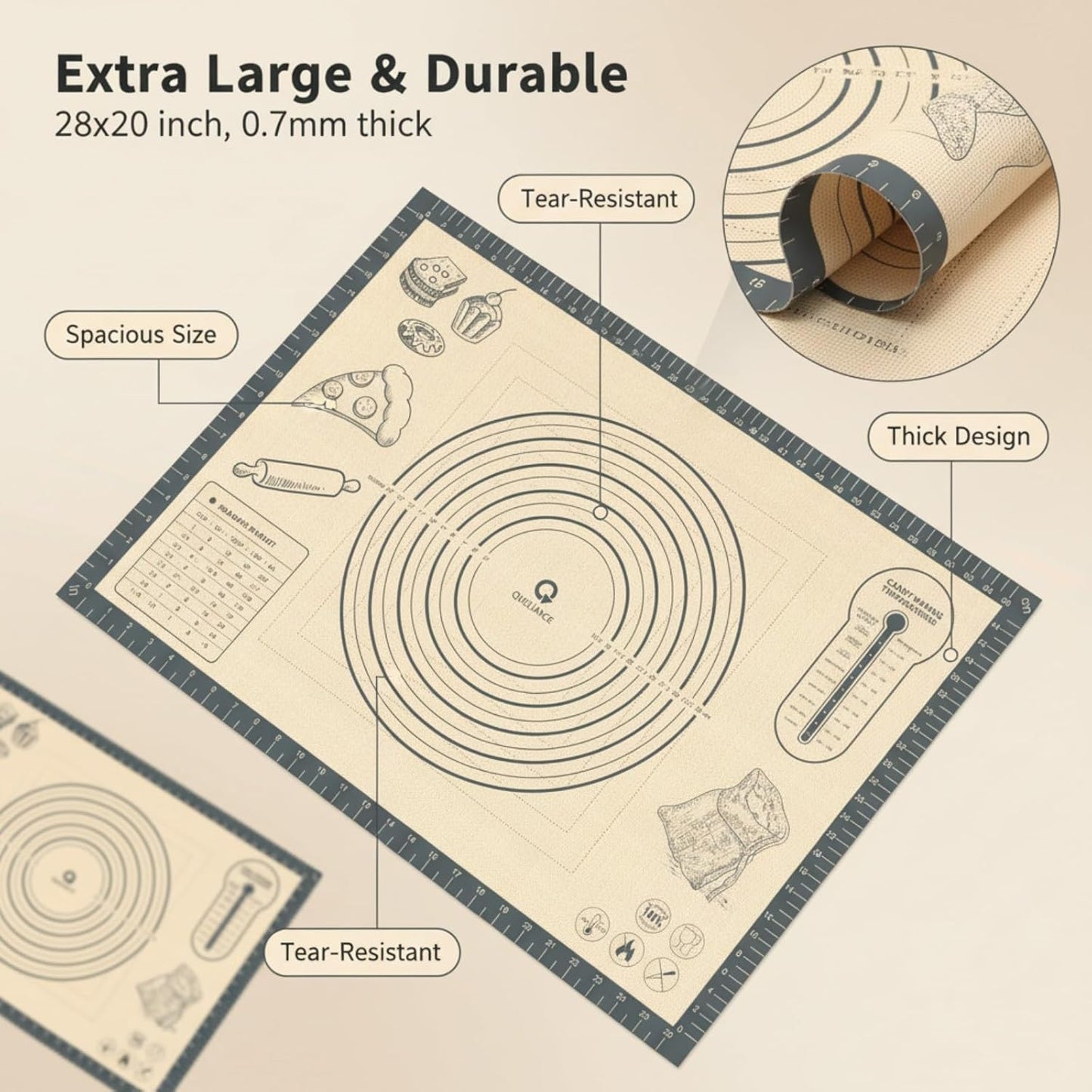 Skiennix Silicone Baking Pastry Mat - Extra Large 28x20 Inch Nonstick Dough Rolling Sheet