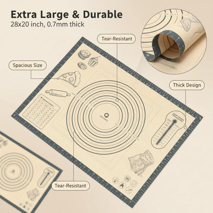 Skiennix Silicone Baking Pastry Mat - Extra Large 28x20 Inch Nonstick Dough Rolling Sheet