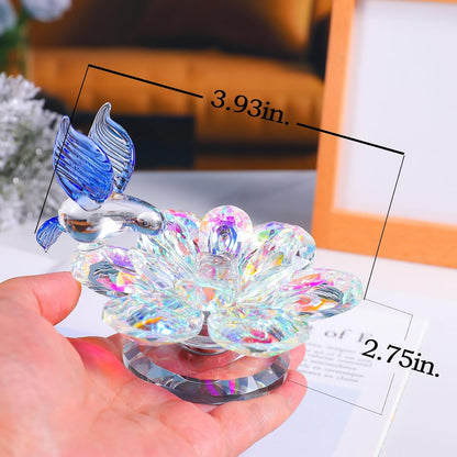 Movdyka Crystal Figurine - Blue Hummingbird Lotus Flower Decor | Sparkling Glass Ornament for Home