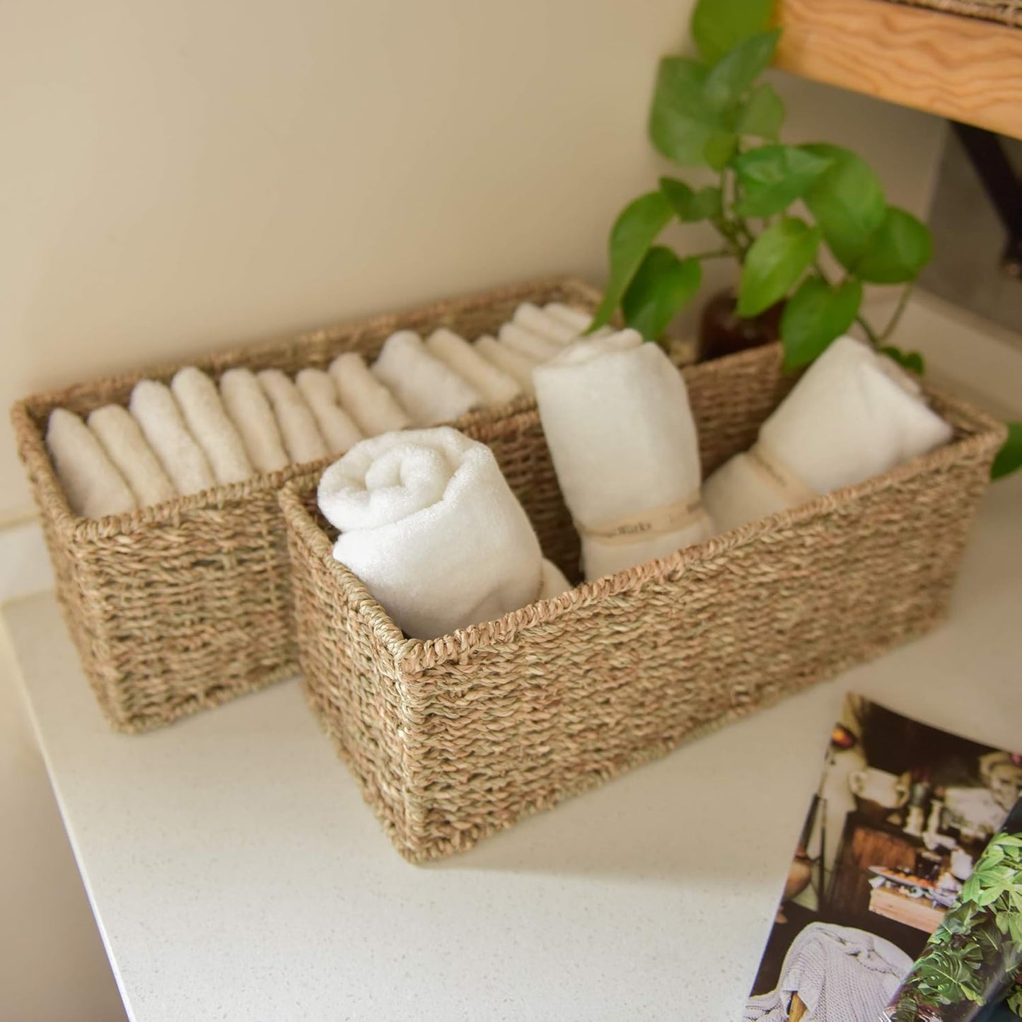 StorageWorks Toilet Tank Basket - Stylish Seagrass Storage Baskets for Bathroom | 2-Pack