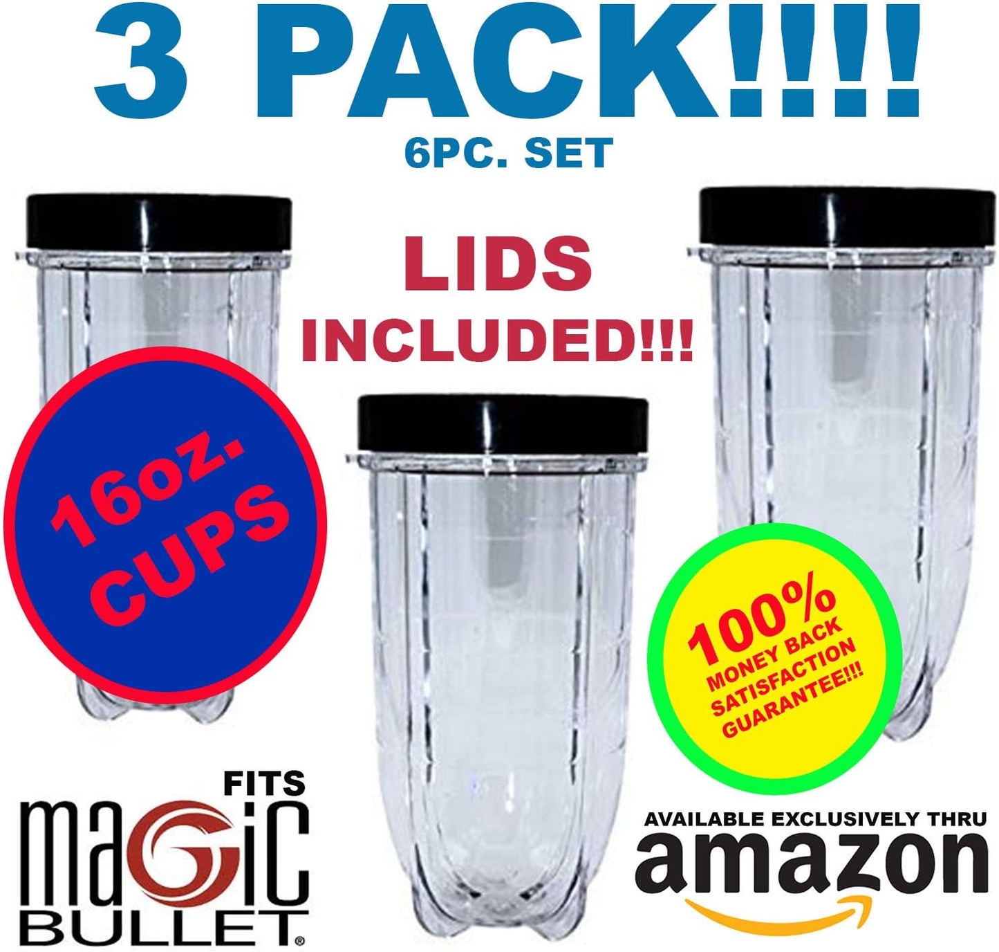 Skiennix 16oz Blender Cups - 6 Piece Set with Lids for Magic Bullet | Replacement Cups Included