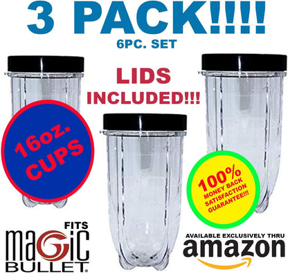 Skiennix 16oz Blender Cups - 6 Piece Set with Lids for Magic Bullet | Replacement Cups Included