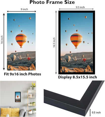 JCJMY 9x16 Picture Frame - Black Wall Hanging Frame with Shatter-Resistant Plexiglass | Horizontal & Vertical Mounting