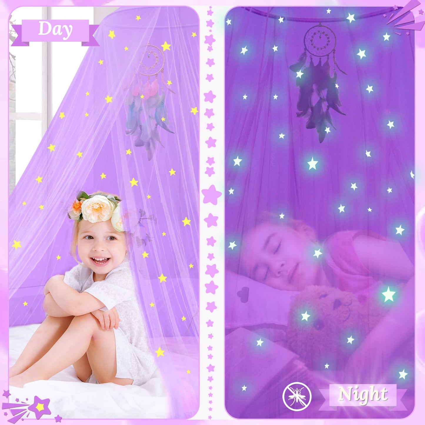 South to East Princess Bed Canopy for Girls with Glowing Stars, Purple Bed Canopy for Girls Room, Bed Canopy Curtains from Ceiling for Twin Beds, Full Size Beds, Ideal Gift for Girls