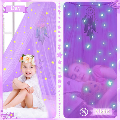 South to East Princess Bed Canopy for Girls with Glowing Stars, Purple Bed Canopy for Girls Room, Bed Canopy Curtains from Ceiling for Twin Beds, Full Size Beds, Ideal Gift for Girls