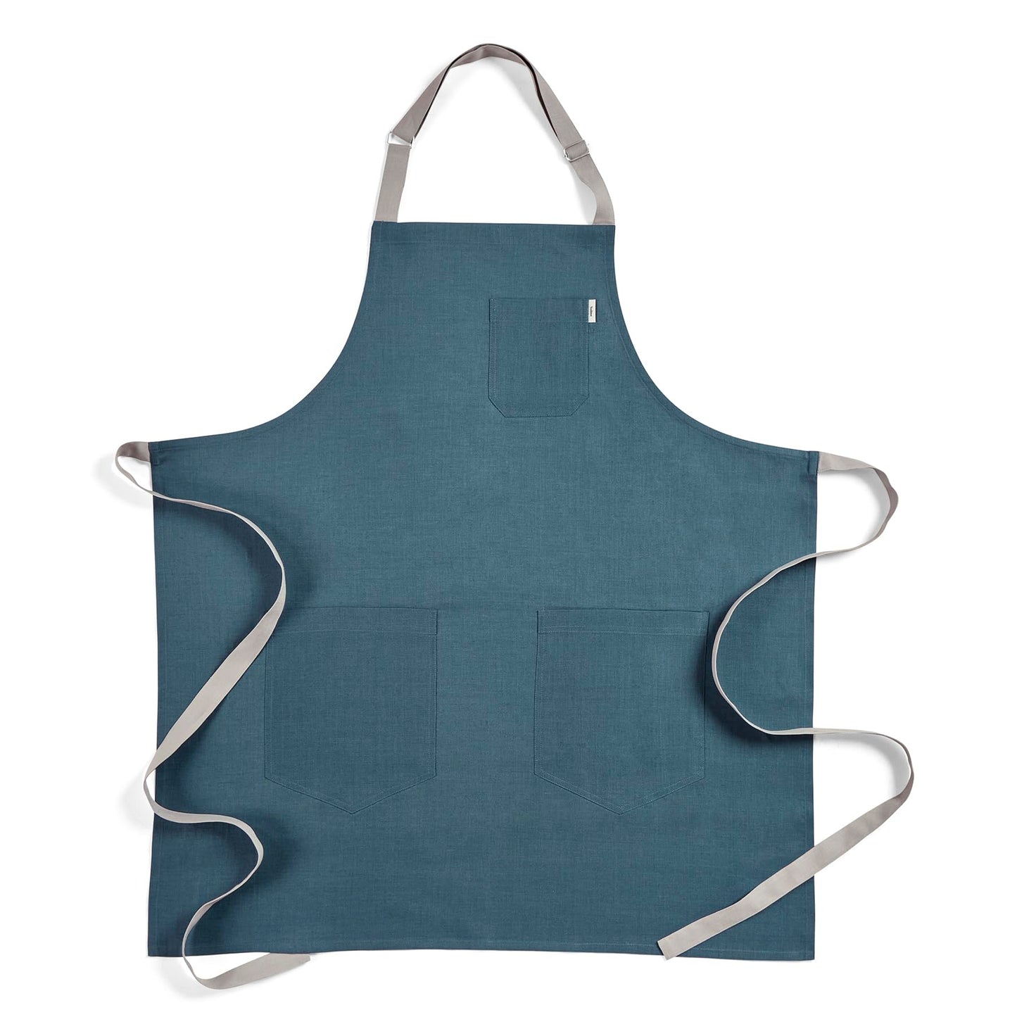 Solino Home Linen Bib Apron for Men & Women - Peacock Blue/Soft Grey Kitchen Apron with Front Pockets - Handcrafted from European Flax