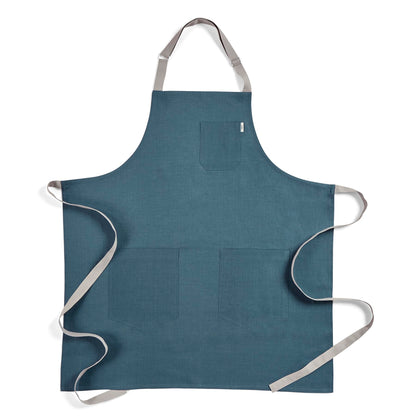 Solino Home Linen Bib Apron for Men & Women - Peacock Blue/Soft Grey Kitchen Apron with Front Pockets - Handcrafted from European Flax