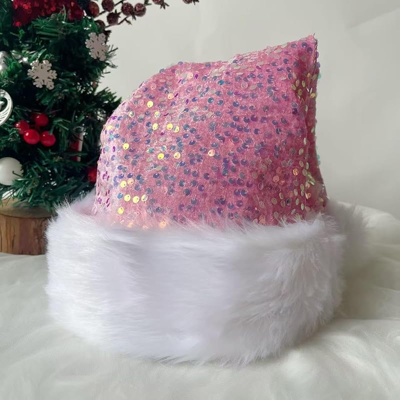 Pink Double-Layer Sequin Christmas Hat for Adults with Snowflake Pattern - Festive Santa Costume Accessory