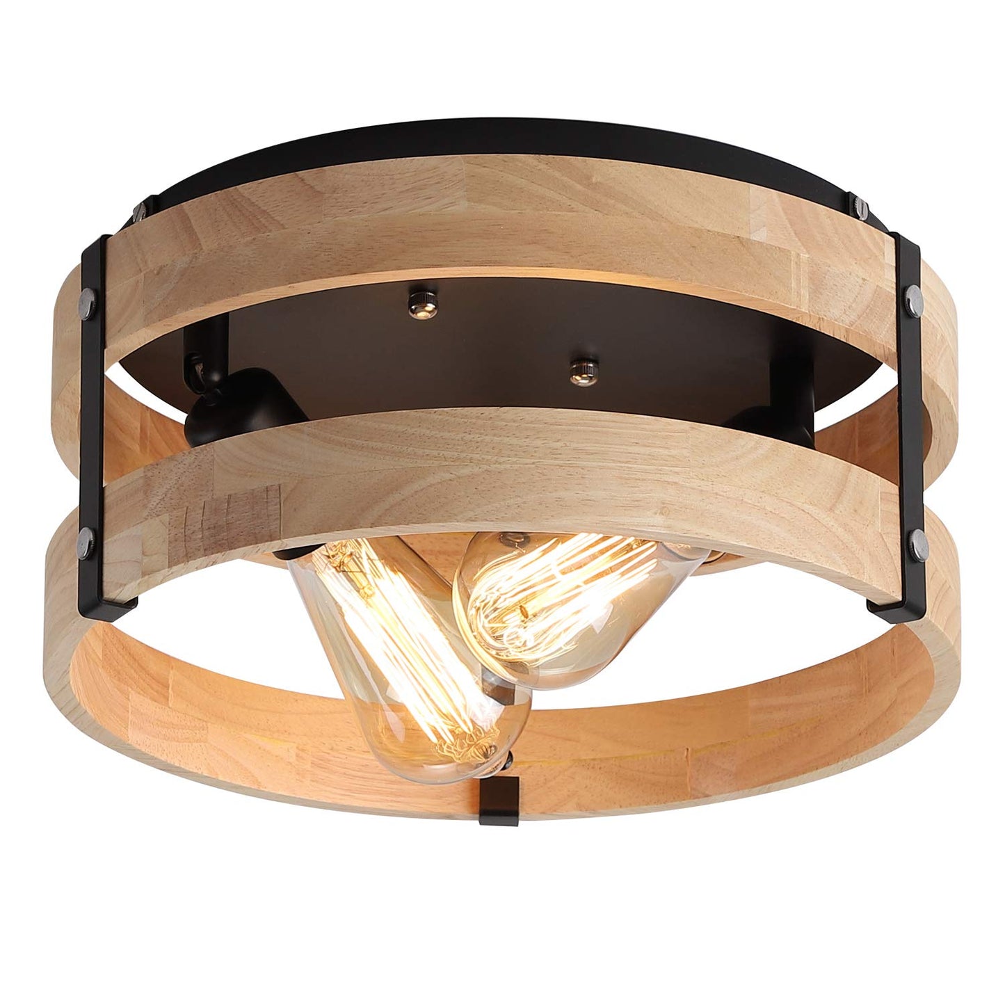 Modern Farmhouse Flush Mount Light Fixture Two-Light Metal and Wood Round Drum Rustic Flush Mount Ceiling Light for Hallway Bedroom Kitchen Entryway, Light Yellow Wood and Black