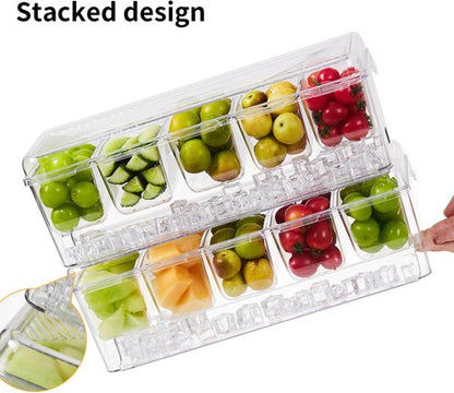 Ice Chilled Condiment Caddy,Stackable Chilled Condiment Containers,Serving Platters with Lid and 5 Removable Compartments,Set of 5 Serving Spoons & 2 Clips (1pack)