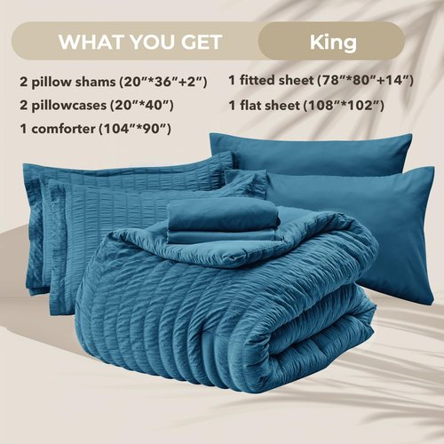 HYMOKEGE Teal King Size Comforter Set Seersucker 7 Pieces, All Season Luxury Bed in a Bag for Bedroom, Bedding Set with Comforters, Sheets, Pillowcases & Shams