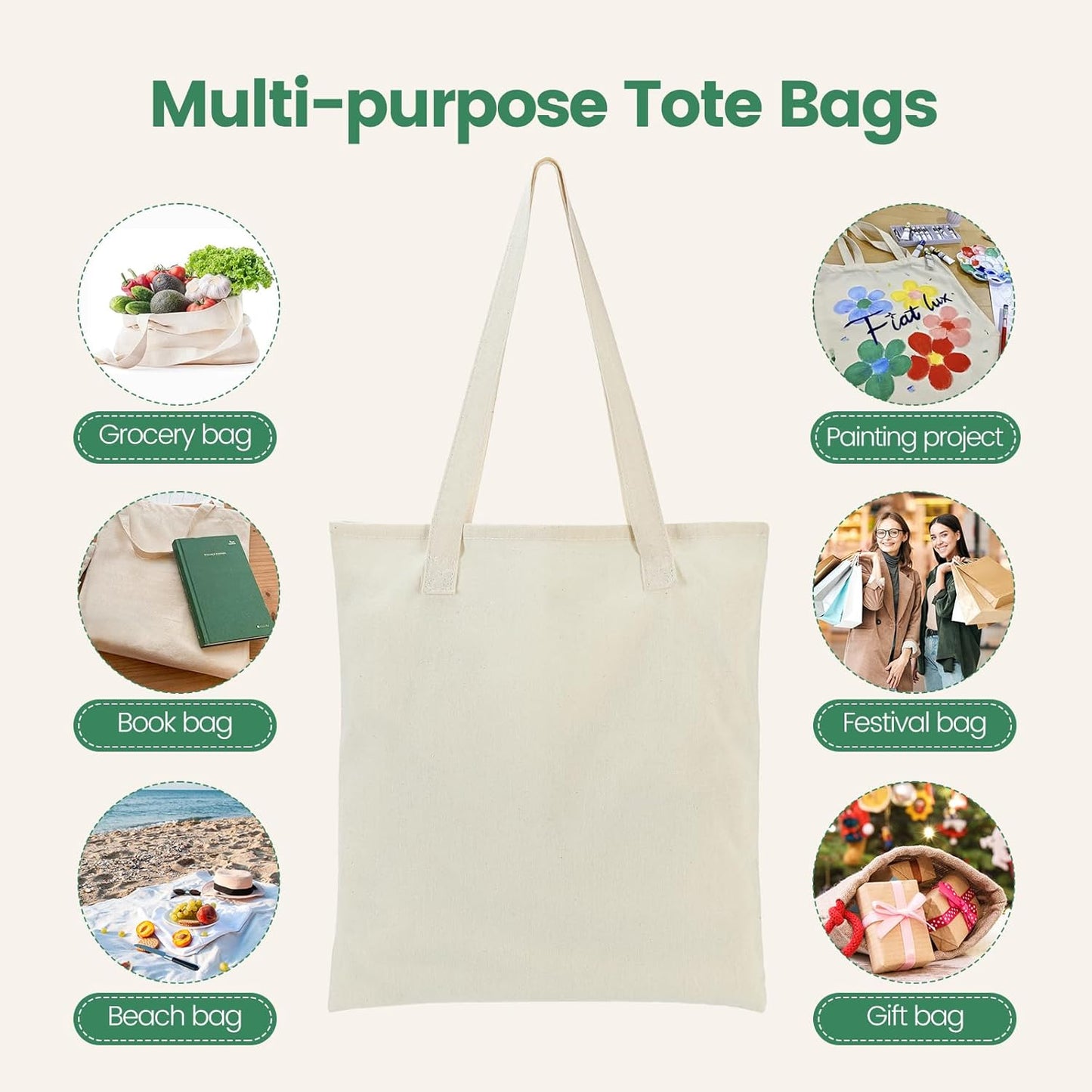 Skiennix 24 Pack Canvas Tote Bags - Lightweight Reusable Grocery Bags for DIY Projects | Beige