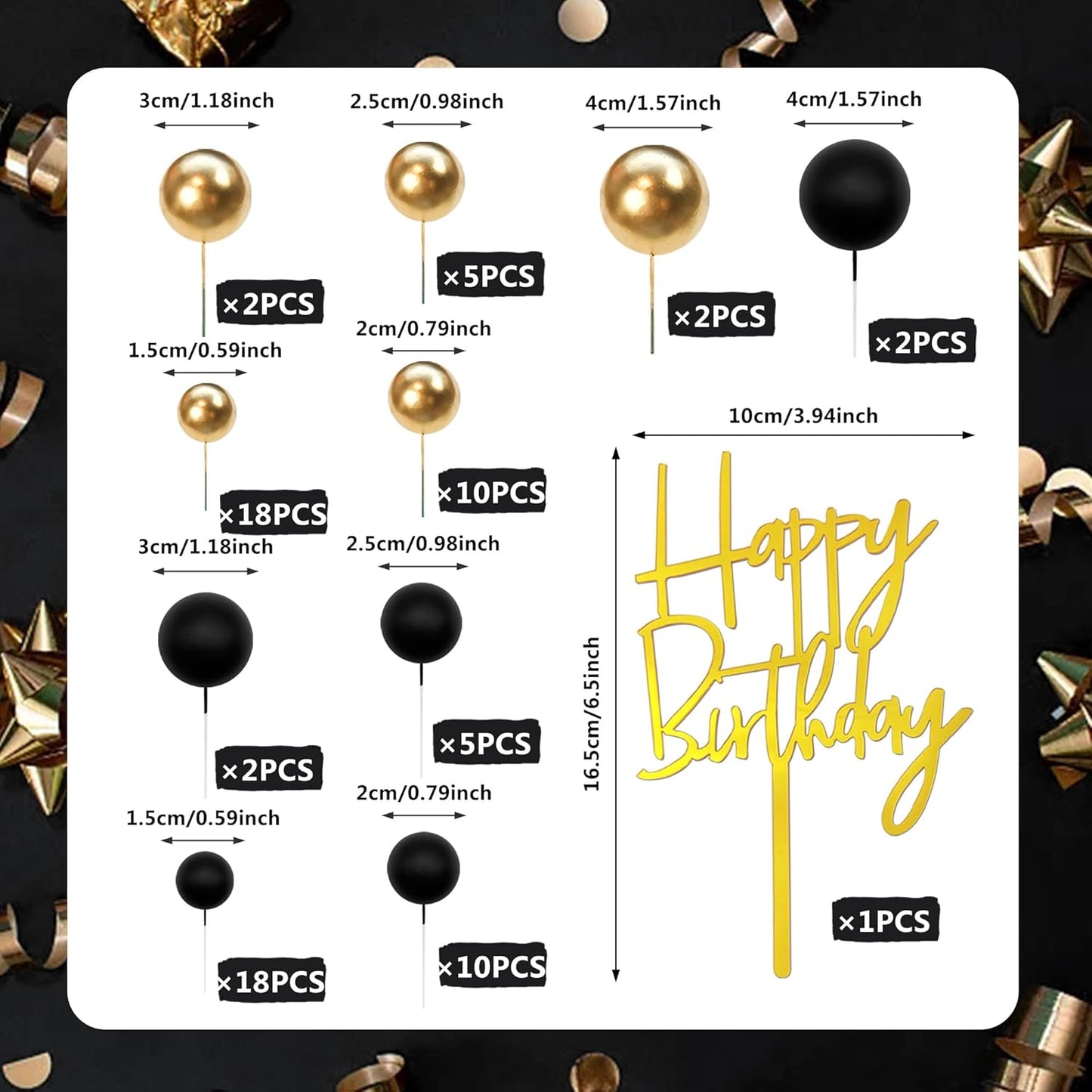 Skiennix 75 PCS Black and Gold Cake Decoration Set - Happy Birthday Inserts for DIY Parties