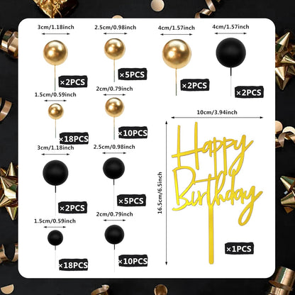 Skiennix 75 PCS Black and Gold Cake Decoration Set - Happy Birthday Inserts for DIY Parties