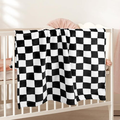 GreatBba Plush Checkered Baby Blanket for Boys Girls Nursery, 30"*40" Warm Short Fleece Blanket Neutral for Infant Newborn, Small Fuzzy for Sleeping, Chenille Baby for Stroller (Black&White)