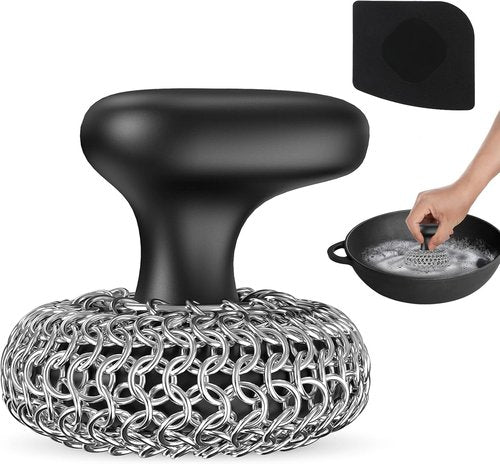 Cast Iron Scrubber - 316 Chainmail Dish Scrub Brush for Pans | Dishwasher Safe Cleaning Kit, Black