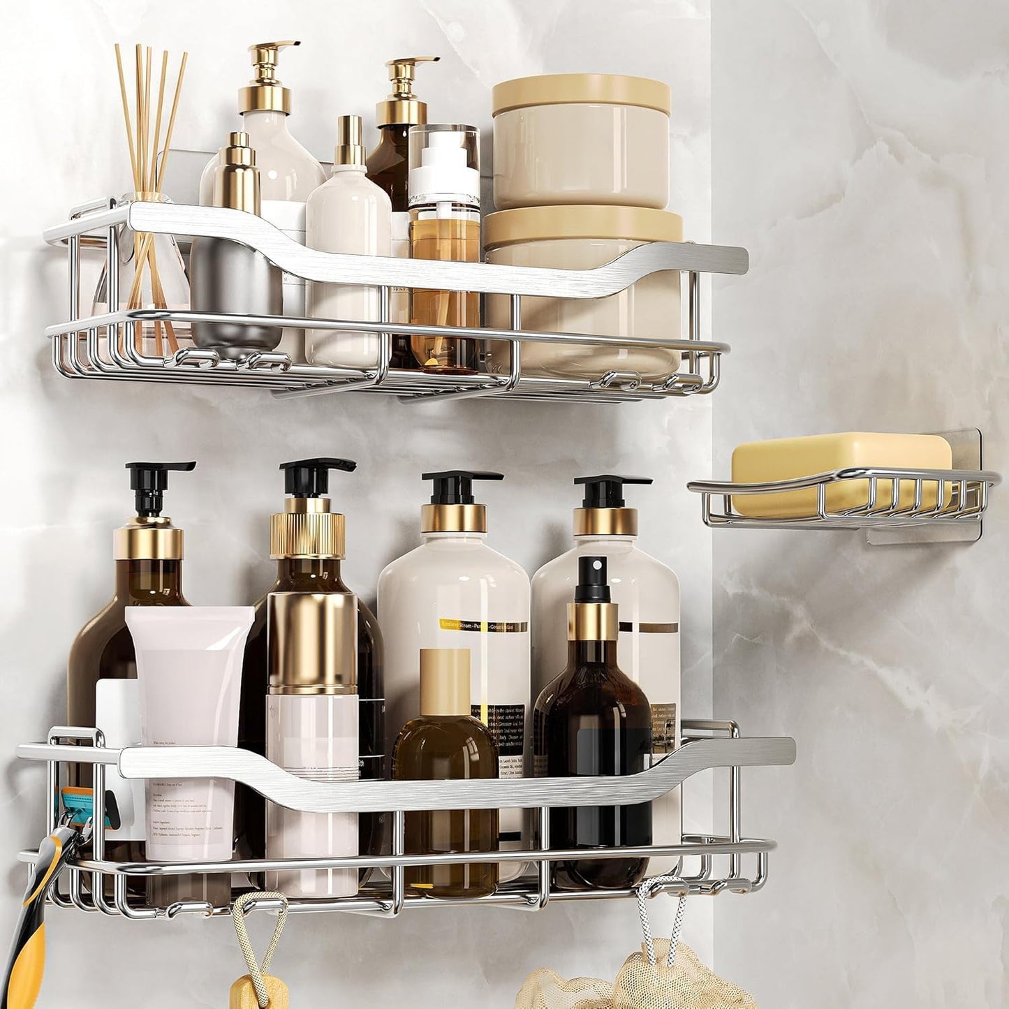 OMAIRA Shower Caddy - 3-Pack Rustproof No-Drill Organizer with Soap Holder for Smooth Walls | Silver