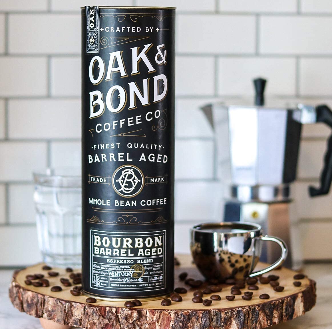 Espresso Bourbon Barrel Aged Coffee, Colombia & Brazil Blend, Whole Bean Arabica, Dark Roast w/ Chocolate, Black Cherry, Toffee, Rich Kentucky Bourbon & Oak Flavors by Oak & Bond Coffee Co. – 10oz.