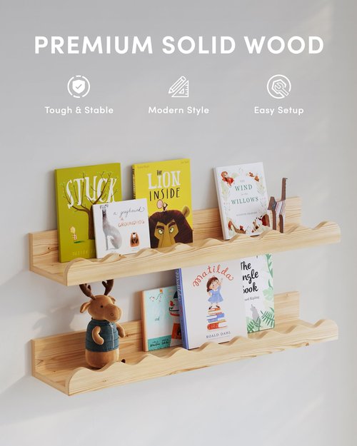 Seocry Kids' Bookshelf Set of 4 - Wood Floating Nursery Book Shelves, Picture Ledge Shelf for Wall Decor and Storage - Perfect for Books, Toys, Photo Frames, and Nursery Décor
