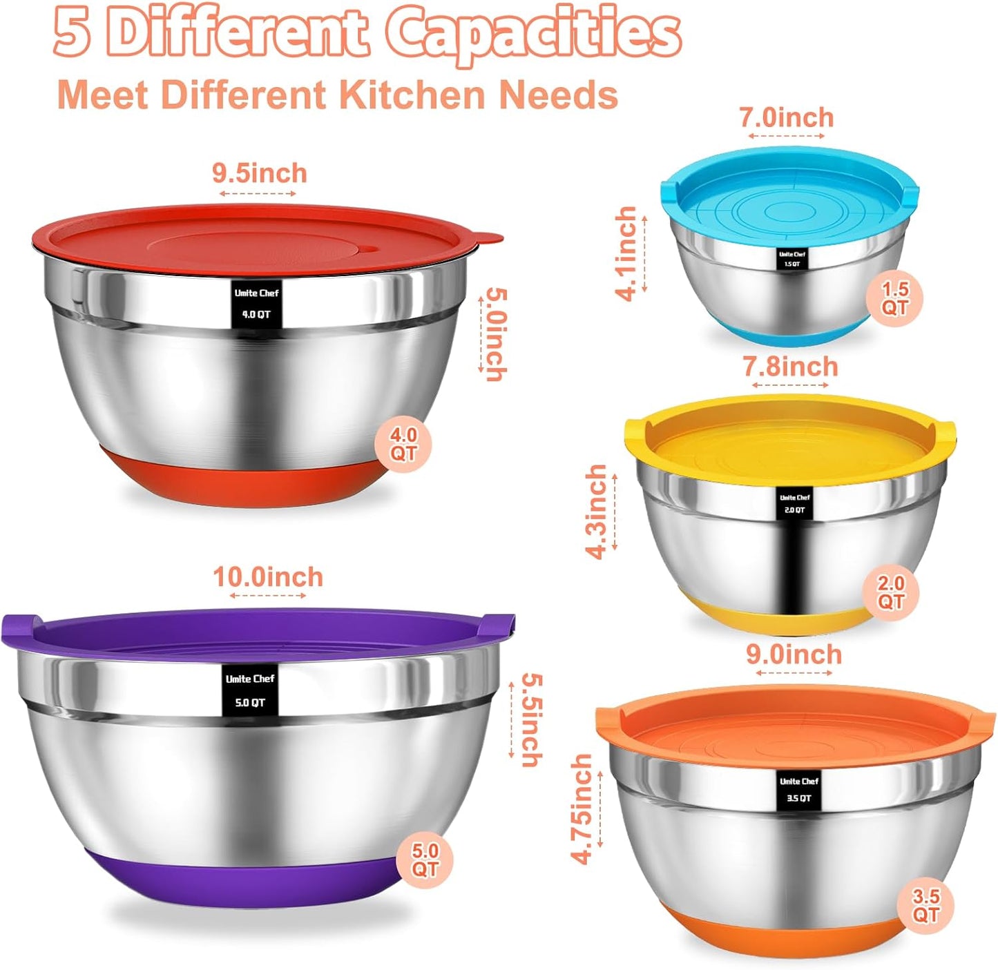 Umite Chef Mixing Bowls Set - 8PCS Stainless Steel with Airtight Lids & Non-Slip Bottoms | 5QT to 1.5QT