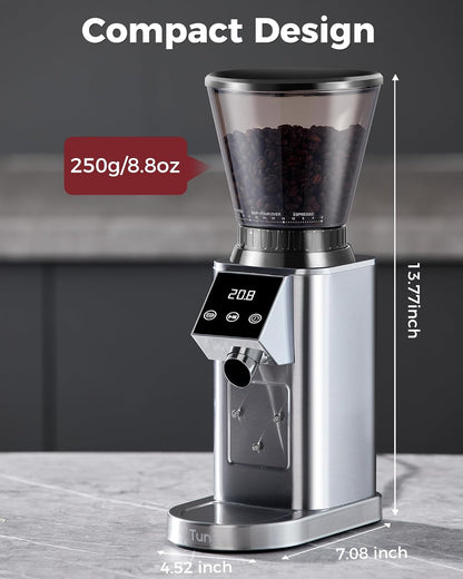 Tuni G1 Conical Burr Coffee Grinder - 48 Grind Settings, Precision Timer & LED Touchscreen - Stainless Steel Silver