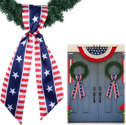 YKW Patriotic Wreath Sash - Premium Cotton Linen, 5" W x 56" L, Red White Blue Stars & Stripes for 4th of July Decor
