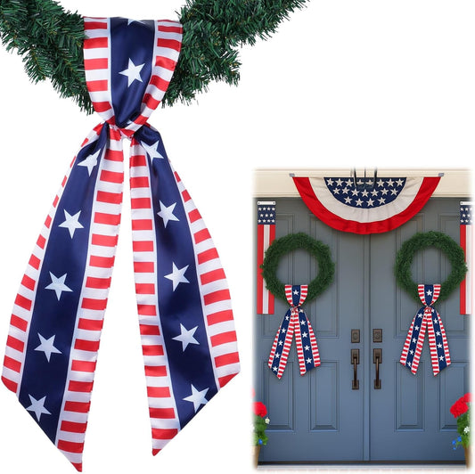 YKW Patriotic Wreath Sash - Premium Cotton Linen, 5" W x 56" L, Red White Blue Stars & Stripes for 4th of July Decor