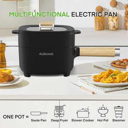 Audecook Electric Hot Pot - 2L Non-Stick Frying Pan | Portable 8-Inch Cooker for Ramen, Steak & Soup