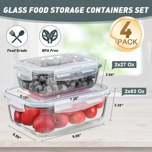 KOMUEE Glass Food Storage Containers Set - 4 Pack, Airtight Lids, BPA-Free, 63oz & 27oz Sizes