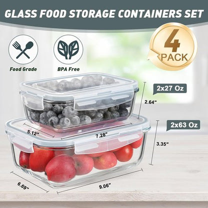 KOMUEE Glass Food Storage Containers Set - 4 Pack, Airtight Lids, BPA-Free, 63oz & 27oz Sizes